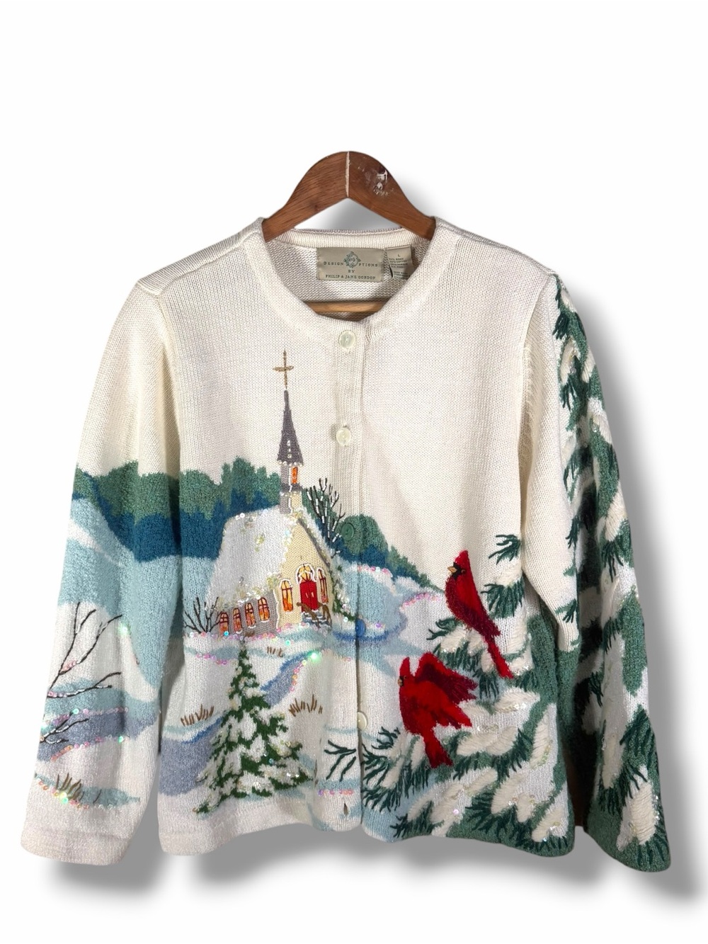 Vintage-Inspired Cream Holiday Bird Beaded Embroidered Cardigan Sweater Large